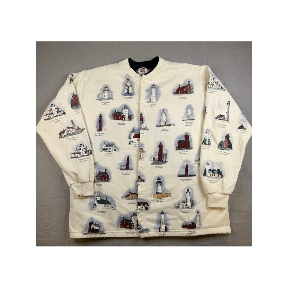 VTG Art Unlimited Sportswear Great Lakes Lighthouses Button Sweater Cardigan XXL